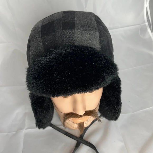 GANKA GKSII Black Grey Plaid Wool Faux Fur Heatlocker Trapper Hat Granola - Picture 9 of 9